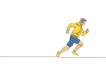 Fototapeta premium One single line drawing of young energetic man runner run relax while listening music vector illustration. Health sport training concept. Modern continuous line draw design for running campaign banner