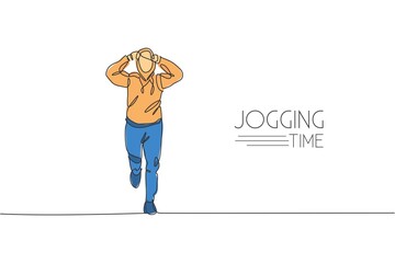 One single line drawing young energetic man runner focus run relax in outdoor track graphic vector illustration. Healthy lifestyle concept. Modern continuous line draw design for running race banner