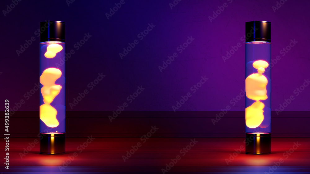 Poster two yellow lava lamp lighting on dark background with empty space - abstract 3d rendering