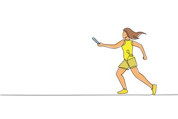 Fototapeta na wymiar One continuous line drawing of young sporty runner woman try to pass baton stick to her teammate. Healthy lifestyle and fun jogging sport concept. Dynamic single line draw design vector illustration