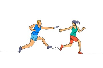 Fototapeta na wymiar One continuous line drawing of young sporty runner man pass baton stick to his team mate. Healthy lifestyle and fun jogging sport concept. Dynamic single line draw design graphic vector illustration