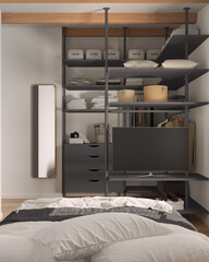 Modern minimalist bedroom in gray tones with walk-in closet, close up, bed with duvet and pillows. Mirror, chest of drawers, hangers, rack and shelves. Contemporary interior design