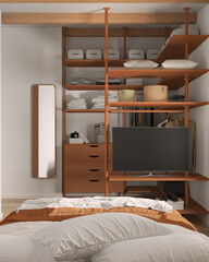Modern minimalist bedroom in orange tones with walk-in closet, close up, bed with duvet and pillows. Mirror, chest of drawers, hangers, rack and shelves. Contemporary interior design