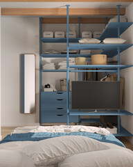 Modern minimalist bedroom in blue tones with walk-in closet, close up, bed with duvet and pillows. Mirror, chest of drawers, hangers, rack and shelves. Contemporary interior design