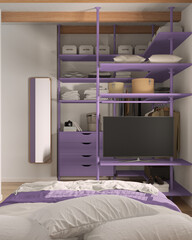 Modern minimalist bedroom in purple tones with walk-in closet, close up, bed with duvet and pillows. Mirror, chest of drawers, hangers, rack and shelves. Contemporary interior design