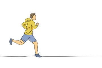 One single line drawing of young happy runner man wearing hoodie exercise to improve stamina vector illustration. Healthy lifestyle and competitive sport concept. Modern continuous line draw design