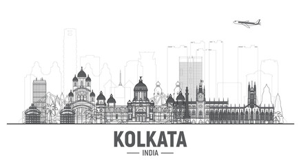 Fototapeta na wymiar Kolkata ( Calcutta ) India line skyline with panorama at white background. Vector Illustration. Business travel and tourism concept with modern buildings. Image for banner or web site.