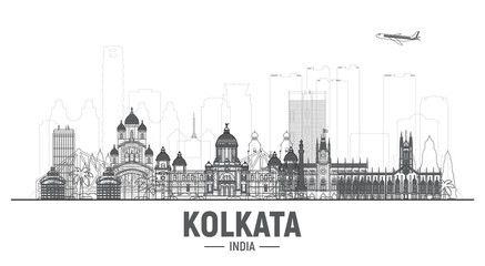 Fototapeta premium Kolkata ( Calcutta ) India line skyline with panorama at white background. Vector Illustration. Business travel and tourism concept with modern buildings. Image for banner or web site.