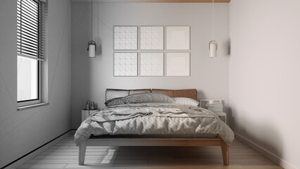 Architect interior designer concept: hand-drawn draft unfinished project that becomes real, bedroom, bed with duvet, pillows and blanket, parquet, frame mockup, lamps and side tables