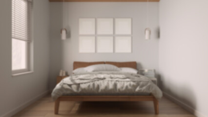 Fototapeta na wymiar Blur background, minimalist wooden bedroom in scandinavian style, bed with duvet, pillows and blanket, parquet, frame mockup, pendant lamps and side tables. Modern interior design