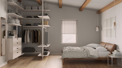 Modern minimalist bedroom in white tones with walk-in closet, parquet floor, wooden beams ceiling, bed with duvet and pillows. Window with blinds, decors. Contemporary interior design