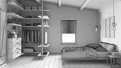 Unfinished project draft, modern minimalist bedroom with walk-in closet, parquet, wooden beams ceiling, bed with duvet and pillows. Window with blinds. Contemporary interior design