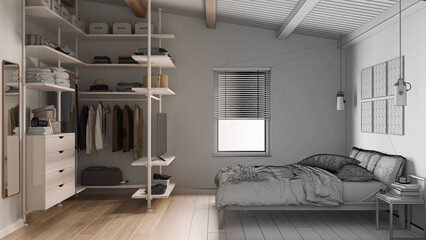 Architect interior designer concept: hand-drawn draft unfinished project that becomes real, bedroom with walk-in closet, parquet floor, wooden beams ceiling, bed with duvet, pillows