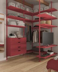 Modern minimalist bedroom walk in closet close up in red tones. Mirror, parquet floor, chest of drawers and shelves. Hanging clothes, boxes and shoes. Contemporary interior design