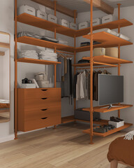 Modern minimalist bedroom walk in closet close up in orange tones. Mirror, parquet floor, chest of drawers and shelves. Hanging clothes, boxes and shoes. Contemporary interior design
