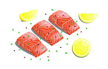 Fresh raw fish with spices. Salmon with lemon slices on white background