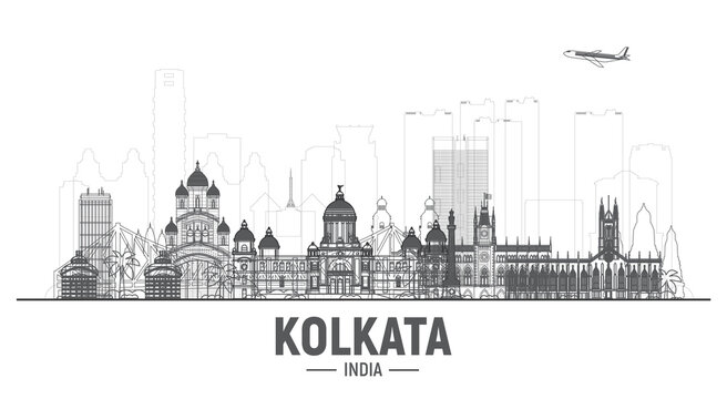 Kolkata ( Calcutta ) India line skyline with panorama at white background. Vector Illustration. Business travel and tourism concept with modern buildings. Image for banner or web site.