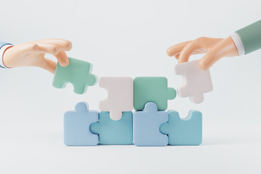 Symbol of teamwork, Hand of people connecting jigsaw puzzle, cooperation, partnership. 3d render. Business concept.