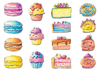 Sweets, cakes, macaroons and desserts. A set of watercolor illustrations on a white background.