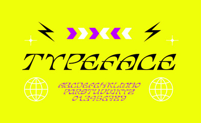 Trendy decorative font. Modern latin alphabet. Uppercase, letters and numbers. Stylish type for contemporary logo, print, header.