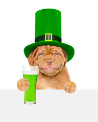 St. Patricks Day. Funny puppy wearing hat of the leprechaun holds green beer above empty white...