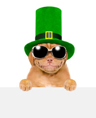 St. Patricks Day. Funny puppy wearing sunglasses and the hat of the leprechaun looks above empty...