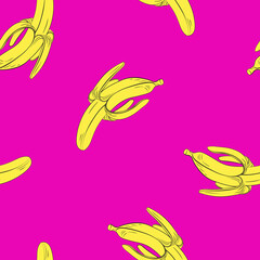 Banana fruit. Bright summer seamless vector pattern on pink background. Hand drawing.