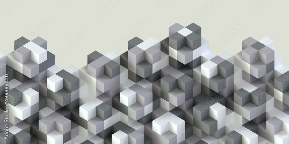 Poster horizontal composition of white cubes of different sizes as background and texture.