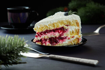 Confectionery. Cake with cherries and whipped cream.
