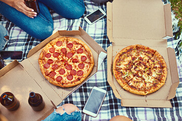 Feasting with friends. Cropped shot of a group of friends eating pizza while having a picnic.