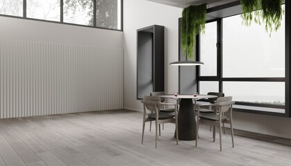 3d rendering of modern living room with chairs and marble table on wooden floor, wall with big window on nature background