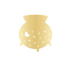 Vector SVG Gold Cauldron with Moon and Stars. Isolated Silhouette element with constellation, sparkles, gold, gradient. Perfect for print, post cards, decoration, logo and design. 