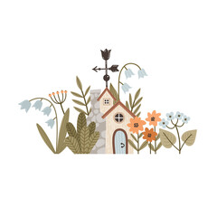 Fairy garden gnomes, houses, flowers and berries magical elements collection. Vector illustration in cartoon style. © Tonia Tkach