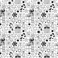 Christmas seamless pattern with illustrations in doodle style. Gift boxes, candy canes, stars, Christmas decor seamless pattern.