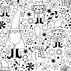 Vector seamless pattern with Christmas characters, stars and gifts in doodle style. New Year's, Christmas background.