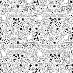 Linear black and white Christmas pattern with elves, candy canes, snowflakes and stars in doodle style. 