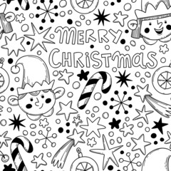 Vector seamless Christmas pattern with snowflakes, stars, elves, candies and Merry Christmas lettering