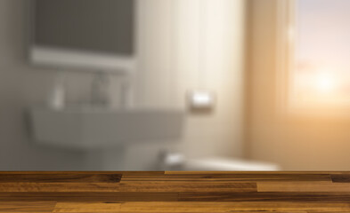 Fototapeta na wymiar Background with empty table. Flooring. Modern bathroom including bath and sink. 3D rendering.. Sunset.