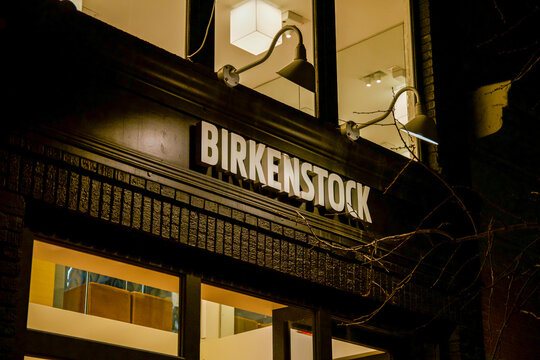 Entry of the SoHo store of the German footwear brand Birkenstock at night
