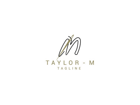 Sewing needle and thread with letter m template design premium Premium Vector