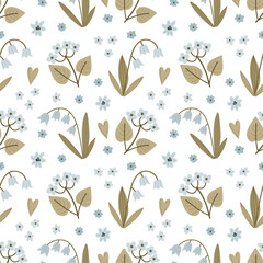 Seamless floral pattern with lilies of the valley, hydrangeas and other flowers in a cartoon style. Vector floral background.