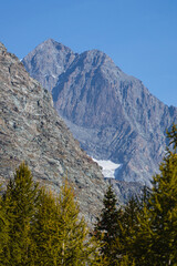 The peaks and glaciers of the Bernina group: one of the mountains of the Alps that exceeds 4000 meters, near the village of Chiesa in Valmalenco, Lombardy, Italy - September 2021.