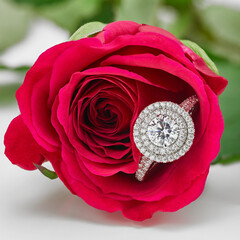 Diamond Ring in Red Rose. Diamond Halo Engagement Ring Positioned in Open Red Rose. 