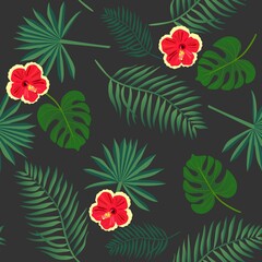 Palm leaves and red hibiscus flowers on a black background. Vector seamless exotic pattern for fabric. Natural tropical print.