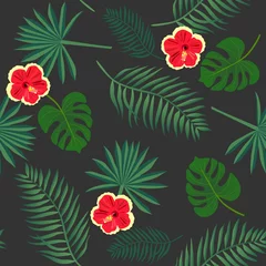  Palm leaves and red hibiscus flowers on a black background. Vector seamless exotic pattern for fabric. Natural tropical print. © Happy Dragon