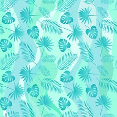 Fototapeta na wymiar Delicate tropical ornament with emerald green palm leaves against the background of vertical greenish waves. Seamless exotic natural print for silk fabric, wallpaper. Amazing vector pattern.