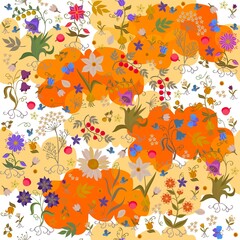 Obraz premium Joyful floral ornament on yellow and orange clouds on a white background. Fairy flowers, berries, butterflies, leaves. Seamless print for fabric, wallpaper in vector.