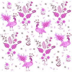 Fototapeta na wymiar Romantic seamless print for fabric with bright pink fairy peacocks, bouquets of flowers and small paisleys on a white background in vector.
