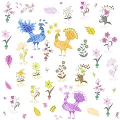 Multicolored peacocks and flowers on a white background. Romantic fabulous ornament for fabric, wallpaper in retro style.