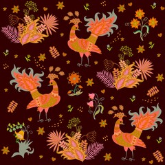 Bright seamless print for fabric with fabulous peacocks, leaves and tropical leaves isolated on black background in vector.